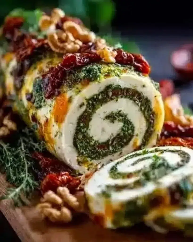 Cheese Log with Pesto and Sun Dried Tomatoes