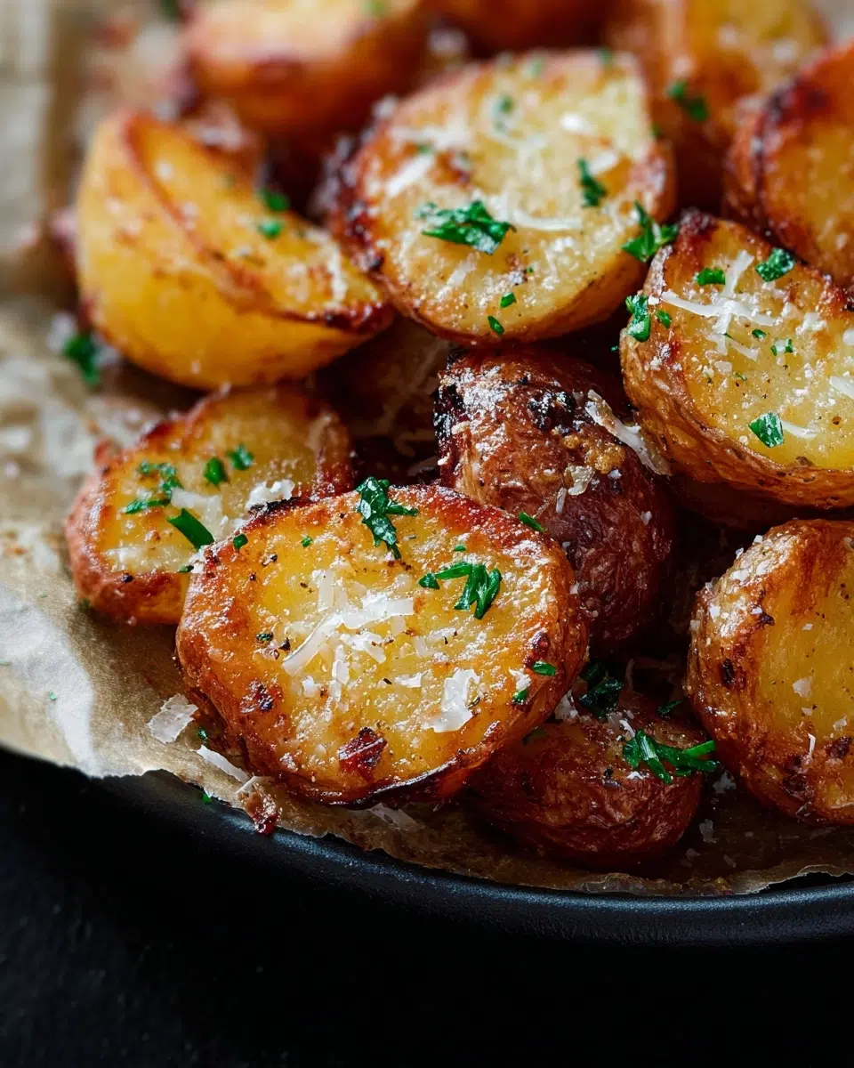 Golden crispy Parmesan roast potatoes on baking sheet