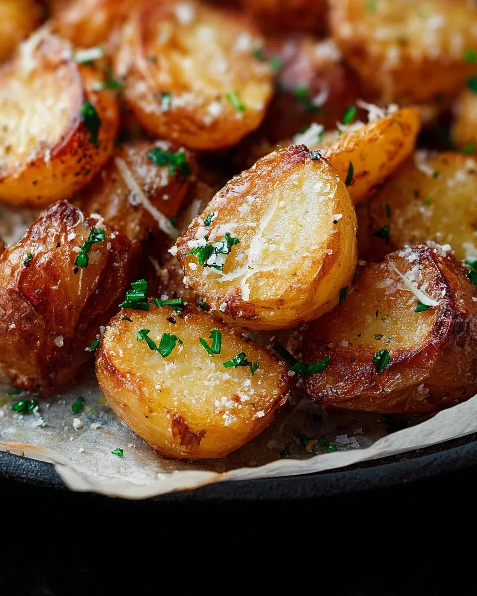 Crispy golden Parmesan roast potatoes served on white plate
