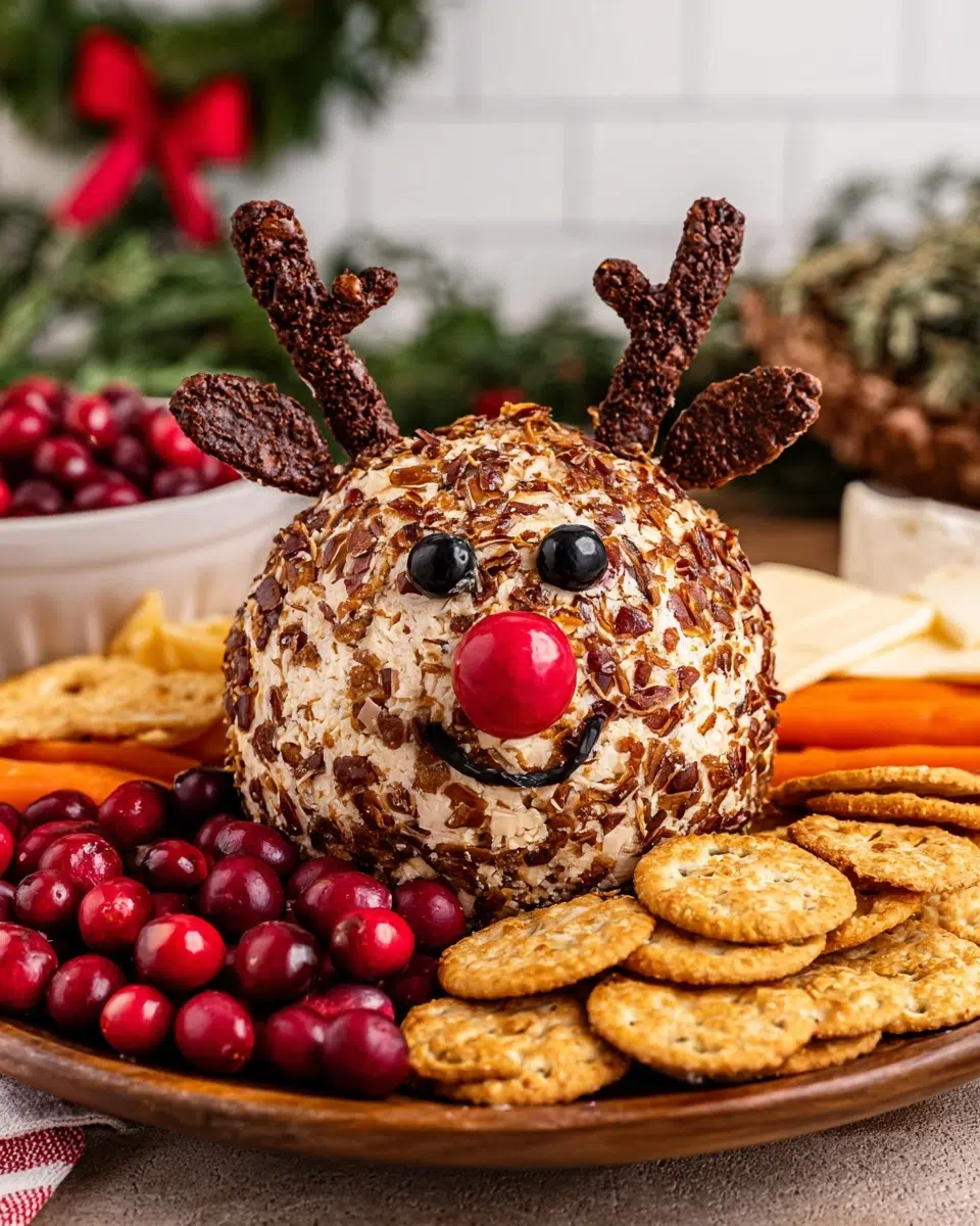 Decorated Reindeer Cheese Ball with Crackers