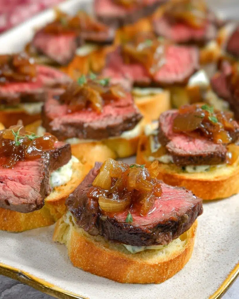Steak Crostini with a Creamy Horseradish Sauce and Caramelized Onions