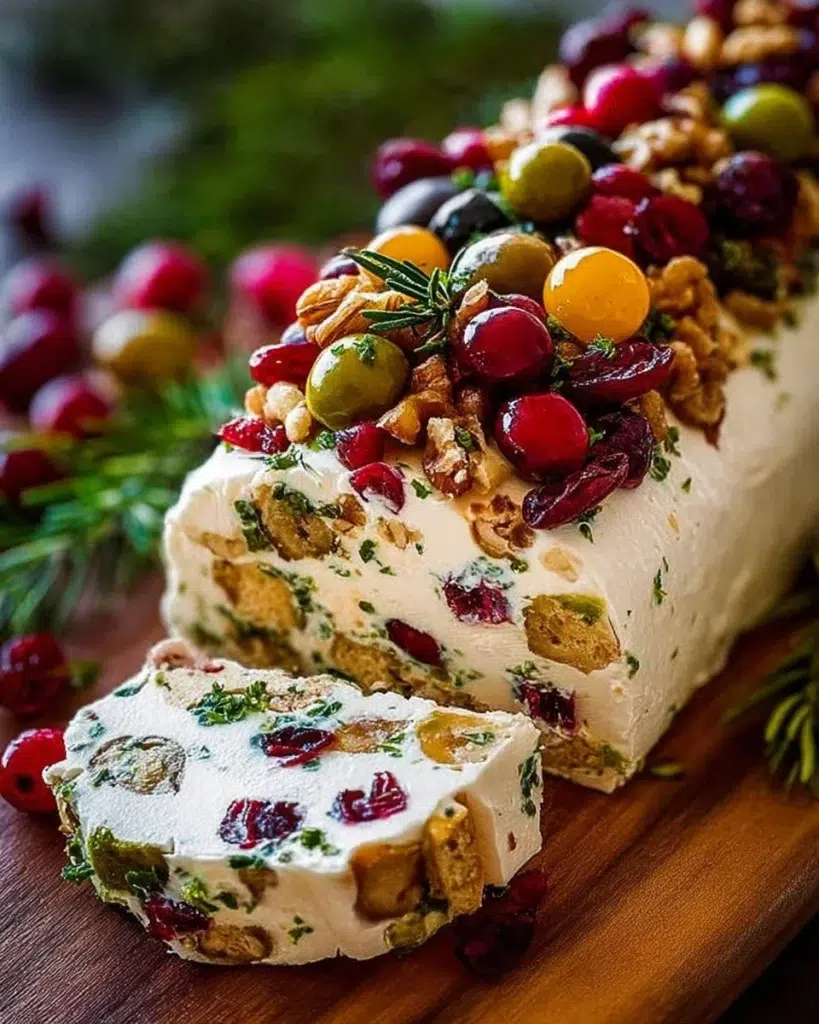 The preparation steps of Festive Holiday Antipasto Cream Cheese Log