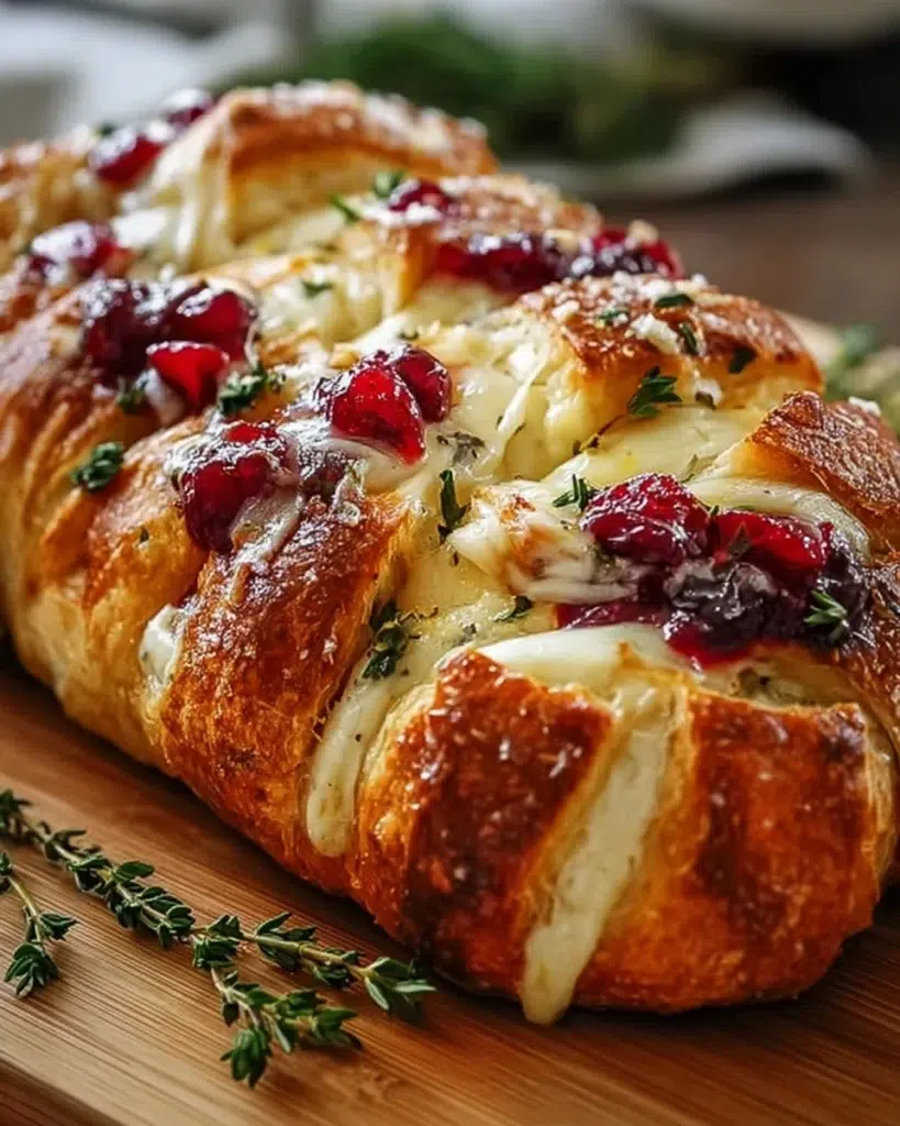 The preparation steps of Garlic Herb Sourdough Bread Stuffed with Brie and Cranberry Sauce
