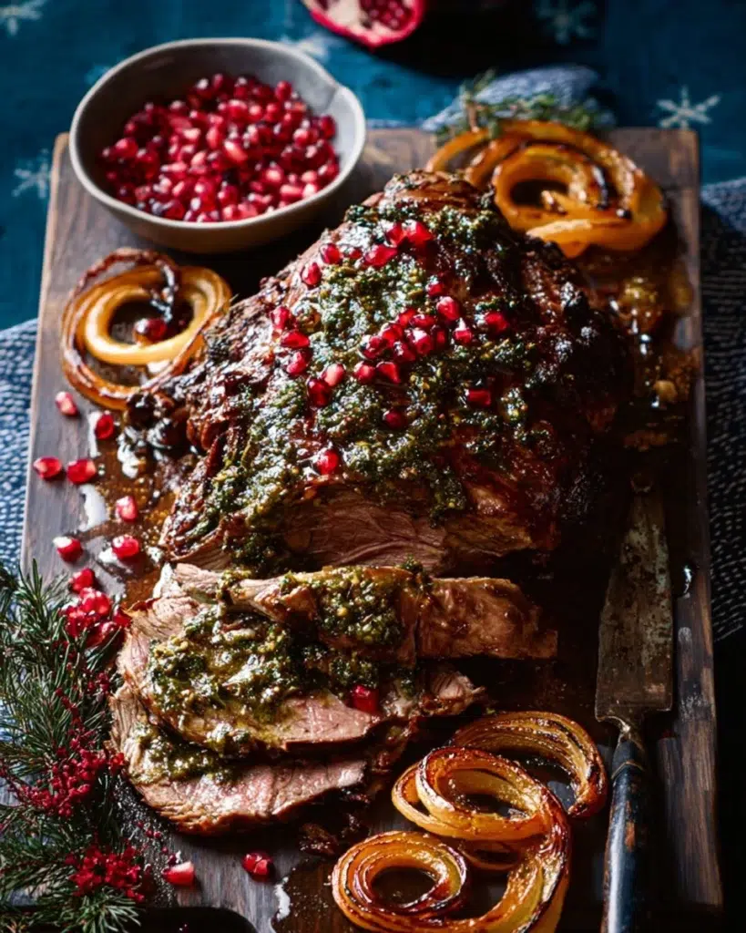 The preparation steps of Spiced pomegranate and clementine slow-roast lamb leg