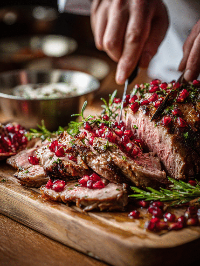 spiced pomegranate and clementine slow-roast lamb leg